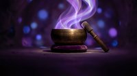 Tibetan singing bowl with wooden mallet emitting purple mystical smoke against dark background with bokeh lights for meditation and spiritual healing practices.