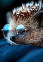 Adorable hedgehog wearing round glasses resting on blue fabric, close-up portrait with soft focus and dramatic lighting creating magical atmosphere.
