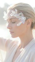 Young woman with crystal quartz formations on forehead in ethereal light for wellness meditation spiritual healing energy therapy concepts.