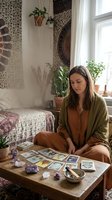 Young woman practicing tarot card reading in cozy bohemian bedroom with plants and crystals for spiritual guidance and self-reflection meditation.