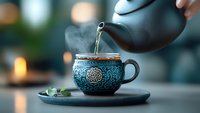 Steaming hot tea being poured from black teapot into ornate blue ceramic cup with traditional pattern design on gray plate, atmospheric morning drink scene.
