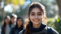 Young woman with bright smile wearing casual hoodie outdoors on sunny day with natural bokeh background and warm backlight. Students visible in background.
