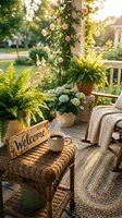 Cozy front porch with welcome sign, coffee mug, ferns, hydrangeas, rocking chair, and blooming roses in warm golden morning light.