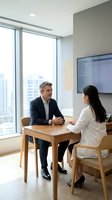 Two professionals engaged in discussion at wooden table in modern high-rise office with city skyline view, suitable for business, corporate training, and workplace communication concepts.