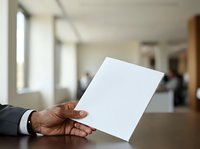 Businessman holding blank white paper document in modern office environment with colleagues in background, suitable for business communication and corporate messaging.