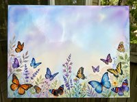 Watercolor painting with colorful butterflies and wildflowers on pastel sky background for spring garden nature art and home decor projects.