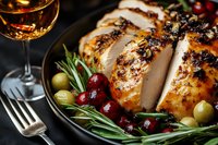 Sliced roasted turkey breast garnished with fresh rosemary, cranberries and olives on dark plate, served with glass of white wine, close up view.
