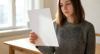 Young Caucasian woman in gray sweater reading document at wooden table by window in bright modern office or home workspace for business communication.