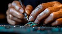 African American hands carefully sorting small turquoise gemstones or beads on dark surface, close-up view showing precise detail and craftsmanship in jewelry making.