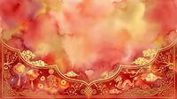 Watercolor gradient background in warm red, orange, and yellow tones with ornate gold decorative border featuring traditional Asian motifs and flourishes. Suitable for festive designs, invitations, and cultural celebrations.