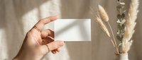 Hand holding blank white business card mockup with dried pampas grass and eucalyptus in vase, natural lighting shadows for branding design presentation.