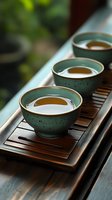 Three ceramic tea cups filled with golden tea arranged on wooden tray, traditional tea ceremony setup with natural lighting for wellness and mindfulness concepts.