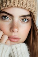 Close up portrait of young woman with freckles, green eyes and natural makeup wearing beige knit beanie and white sweater in winter season.