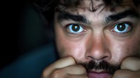 Close-up portrait of young man with intense blue eyes and mustache in dramatic lighting, hands near face showing anxiety or contemplation.