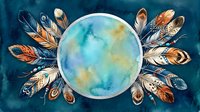 Watercolor full moon surrounded by decorative feathers in earth tones on dark blue background. Native American inspired spiritual design for meditation decor.