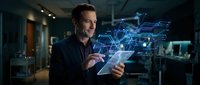 Man in dark business suit holding tablet with holographic digital interface and network connections glowing in modern office environment for technology and innovation concepts.