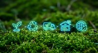 Glowing green eco-friendly icons on moss surface representing sustainability, recycling, green delivery, renewable energy and global environmental protection.