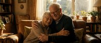 Happy senior Caucasian couple embracing on leather sofa in cozy living room with warm sunlight streaming through windows for retirement lifestyle content.
