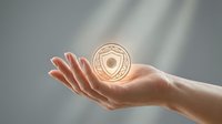 Hand holding glowing golden shield security badge symbol representing data protection, cybersecurity, and digital safety for technology and business concepts.