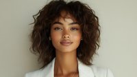 Young African American woman with voluminous curly brown hair and natural makeup wearing white blazer against neutral background, conveying confidence and professionalism.