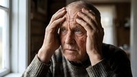 Elderly Caucasian man holding head in hands expressing stress, worry or headache in home interior setting for mental health awareness campaigns.