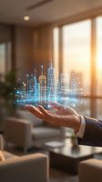 Businessman holding glowing digital cityscape with connected buildings and data points in modern office with sunset window light, representing smart city technology and urban development.