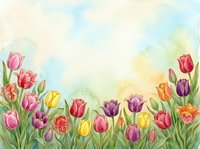 Watercolor tulip garden border with colorful blooms in pink, yellow, purple and orange on soft pastel sky background with copy space.