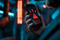 Hand holding smartphone displaying red warning alert symbol against dark background with blue neon lights, concept of cyber security threat or mobile emergency notification.