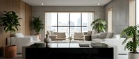 Modern minimalist living room interior with neutral beige sofa, black coffee table, large windows and green plants for contemporary home design.