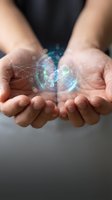 Hands holding glowing digital network connections with futuristic holographic interface elements floating above palms for technology presentations.