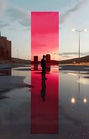 Silhouette of man standing in red light beam reflection on wet surface at sunset, creating dramatic mirror effect with urban landscape and street lights.