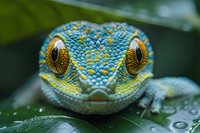 Macro shot of green gecko head with bright yellow spots and golden eyes on wet leaf. Detailed view shows intricate scales and mesmerizing gaze of tropical reptile.