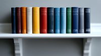 Row of colorful vintage hardcover books arranged on white shelf against gray wall, showing spines with varied heights and classic binding designs for library decor.
