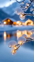 Snow-covered tree branches with glowing bokeh lights in background, cozy winter cabin scene reflected in frozen lake during twilight creates magical atmosphere.