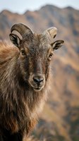 Wild mountain goat portrait with curved horns against blurred rocky landscape background in natural habitat during golden hour lighting for wildlife photography.