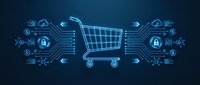 Digital shopping cart with circuit board elements, security locks, and tech icons on dark blue background for e-commerce concepts.
