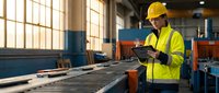 Industrial worker in yellow safety vest and hard hat using tablet computer in manufacturing facility with steel beams and machinery for quality control inspection.