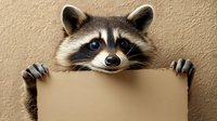 Curious raccoon holding blank beige paper banner with paws, peeking from behind empty sign against textured wall background, space for text.