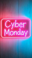 Glowing pink neon Cyber Monday sign against wooden textured wall with gradient lighting from pink to blue, creating modern retail atmosphere.