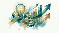 Business innovation concept with lightbulb, gears and growth chart arrows in watercolor style for corporate presentations and startup materials.