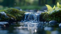 Water drops forming spiral pattern over mossy rocks in forest stream, soft focus waterfall backdrop with green ferns, nature macro photography.