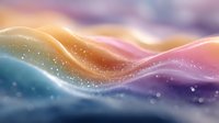 Ethereal waves of light in orange, pink, blue and purple create dreamy abstract background with glowing particles and soft bokeh effect. Suitable for modern design projects.