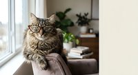 Adorable tabby cat wearing glasses sitting on windowsill in cozy home interior with plants and books creating warm domestic atmosphere for pet lifestyle content.