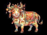 Decorative ox with ornamental patterns, golden horns, and festive embellishments isolated on transparent background. Ready for t-shirt design, clipart, stickers, sublimation, and print-on-demand projects.