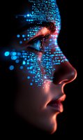 Female profile with glowing blue digital particles across face in dark setting, illuminated by neon lights creating futuristic cyberpunk aesthetic for technology concepts.