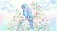 Watercolor tropical parrot with turquoise and purple feathers perched on botanical branch with pink flowers and green leaves on soft pastel background.