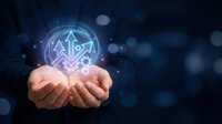 Business growth concept with hands presenting glowing arrows symbol on dark blue bokeh background for corporate presentations and marketing materials.