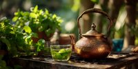 Traditional copper teapot with fresh mint tea in glass cup on rustic wooden table surrounded by green herbs in garden setting.
