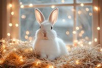 White fluffy bunny sitting on golden hay with glowing fairy lights and bokeh background creating magical holiday atmosphere. Cozy winter scene near window.