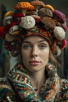 Young woman wearing knitted mushroom-shaped decorative headpiece and colorful patterned sweater in folk style. Artistic portrait with natural lighting.